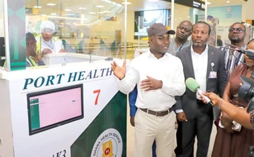 Kwabena Mintah Akandoh, Minister of Health, speaking to the media during the tour of the port health screening point at the arrival hall of the Accra International Airport. Picture: ELVIS NII NOI DOWUONA