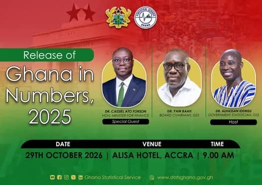 This digital poster announces the launch event for the 'Ghana in Numbers, 2025' report by the Ghana Statistical Service. It features portraits of Finance Minister Dr. Cassiel Ato Forson, GSS Board Chairman Dr. Yaw Baah, and Government Statistician Dr. Alhassan Iddrisu set against a backdrop of the Independence Arch and Ghana's national colors.